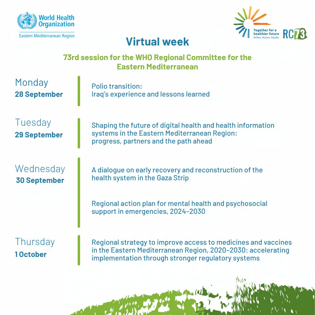WHOEMRO's tweet photo. What are the health priorities shaping the Eastern Mediterranean Region? 🌍
The virtual week of the 73rd session of the WHO Regional Committee for the Eastern Mediterranean #EMRC73 will bring together Member States and experts to discuss key regional health issues, from access to medicines and vaccines and digital health to Gaza, mental health in emergencies and polio.
Follow us at @WHOEMRO to learn about the key results.
