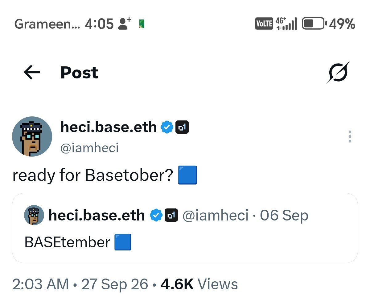 ayman831609's tweet photo. BASEtober is here. 🔵
A new month.
A new opportunity to build, ship and grow on Base. 🚀
No waiting. No excuses.
Just BUILD → SHIP → REPEAT.
Let’s make this BASEtober count. 🟦
Onchain is the future.
#Base #BASEtober #BuildOnBase #Onchain https://t.co/hij0SLaCfu