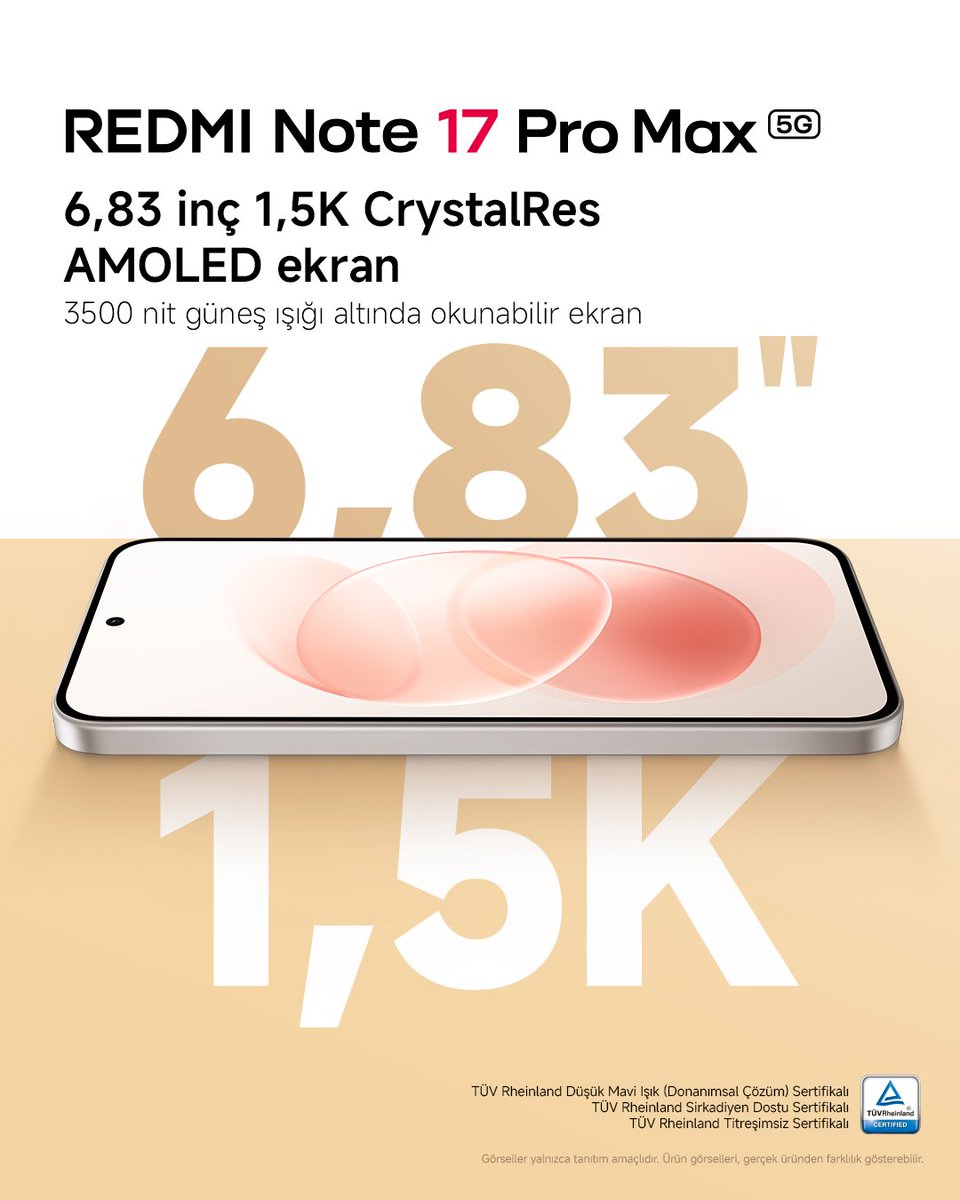 XiaomiTurkiye's tweet photo. Daha fazlasını gör. Gözlerini daha az yor. ✨
#REDMINote17ProMax5G ’nin 6,83 inç 1.5K CrystalRes AMOLED ekranı, 3.500 nit’e varan tepe parlaklığı ve TÜV Rheinland sertifikalarıyla canlı görüntüleri uzun süreli konforla buluşturuyor.
#REDMINote17Serisi #MaxGibiMax #TitanGücüyleMaksimuma