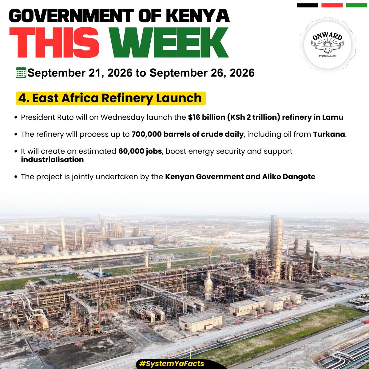 PloSigei's tweet photo. The proposed East Africa Refinery in Lamu is set for groundbreaking, with an investment of about $16 billion and planned capacity of up to 700,000 barrels of crude oil per day.

#GOKThisWeek https://t.co/1azfPf8hTv