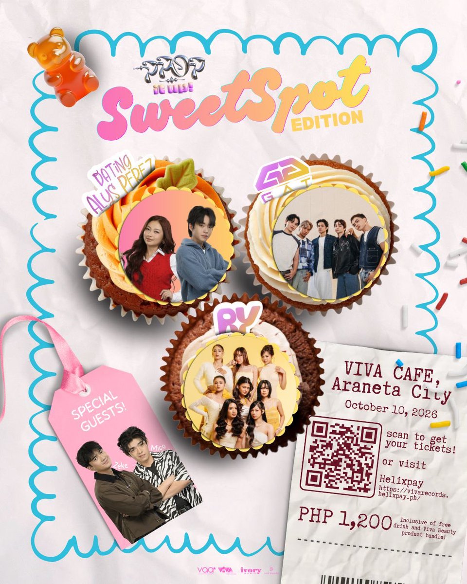 viva_records's tweet photo. Are you ready for the sweetest gig this year? 💕

Join Rabin Angeles, Angela Muji, GAT, RAYA, and our special guests, Mico Chua and Zeke Polina, for another special night at PPOP IT UP: Sweet Spot Edition!

#DatingAlysPerez #RabGel #GAT #RAYA #PPopItUp https://t.co/MXVOOwa7n6