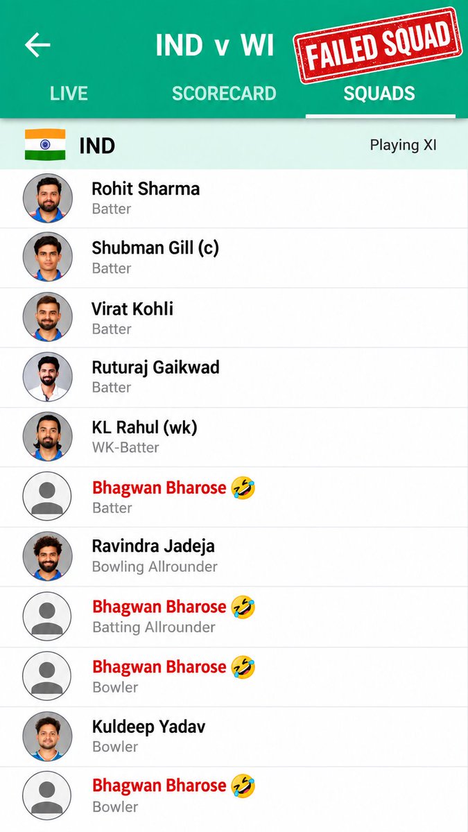 PtAshu08's tweet photo. Indian cricket team squad today🤣
Ye jitayenge world cup..
#INDvsWI #27Sep https://t.co/cx0BOrrfa3