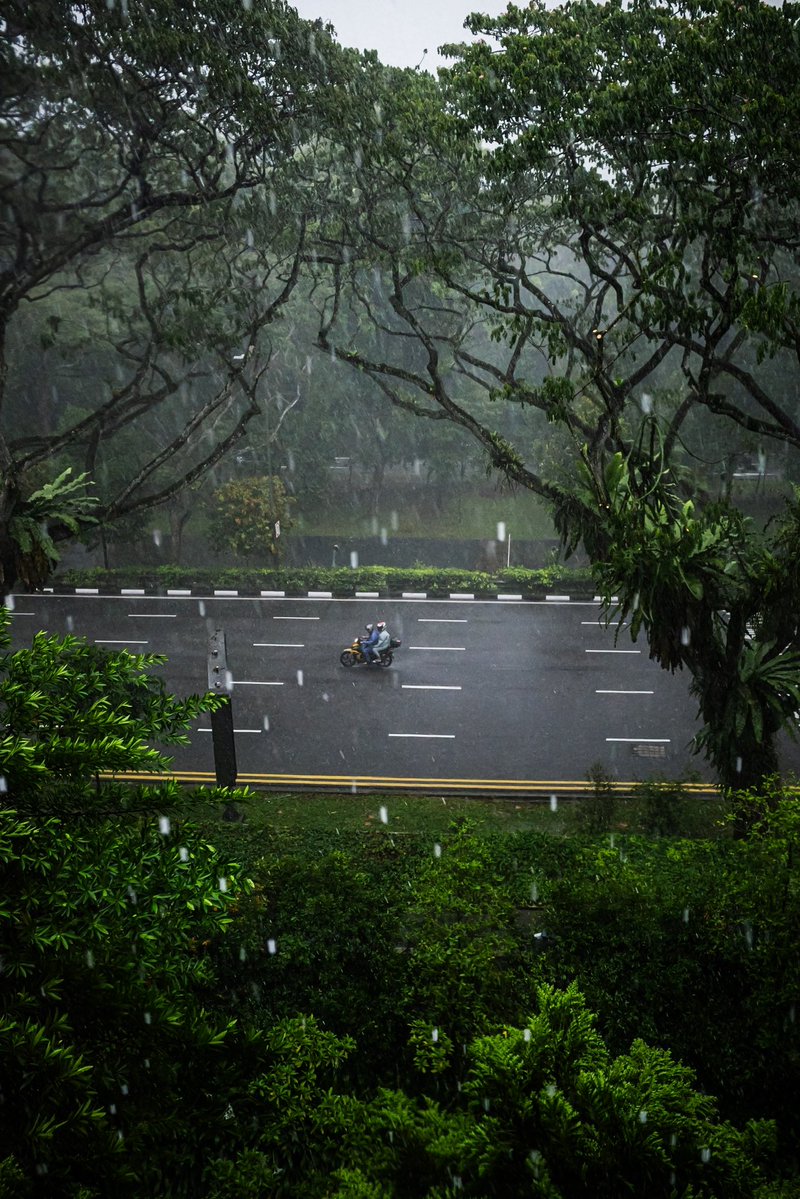 javanng's tweet photo. Rain-soaked serenity. Two helmets, one scooter, and a whole lot of rain. 🛵☔

#rainysunday #singapore #rainydayvibes #visualsoflife #grsnaps https://t.co/4i3kdQ9Hql