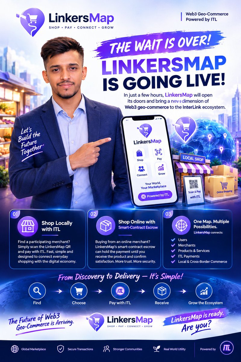 ArifAhmedITL's tweet photo. 🚀 THE WAIT IS OVER — LINKERSMAP IS GOING LIVE! 🌍

In just a few hours, LinkersMap will open its doors and bring a new dimension of Web3 geo-commerce to the InterLink ecosystem. 🔥

Imagine a world where your ITL isn’t just something you hold — it becomes something you can actually use.

🛍️ SHOP LOCALLY WITH ITL
See a participating merchant? Simply scan the LinkersMap QR and pay with ITL. Fast, simple, and designed to connect everyday shopping with the digital economy.

📦 SHOP ONLINE WITH SMART-CONTRACT ESCROW
Buying from an online merchant? LinkersMap’s smart-contract escrow can hold the payment until the product is received and the buyer confirms satisfaction — bringing programmable trust into digital commerce.

🌐 ONE MAP. MULTIPLE POSSIBILITIES.
LinkersMap is designed to connect:

👤 Users
🏪 Merchants
🛍️ Products & Services
💳 ITL Payments
🌍 Local & Cross-Border Commerce

And this is where it gets exciting…

Instead of Web3 existing separately from everyday life, LinkersMap is building a bridge between the digital asset economy and real-world commerce.

From discovering a local business to purchasing products online, the goal is simple:

Find → Choose → Pay with ITL → Receive → Grow the ecosystem. 🚀

This launch is more than a new platform going live.
It represents another step toward making ITL useful in real-world transactions and creating a commerce layer within the growing InterLink ecosystem.

🔥 The future of Web3 geo-commerce is arriving.

🌍 LinkersMap is ready.

🛍️ ITL is ready.

🚀 Are you ready to explore it?

@Dr_Picoin @LinkersMap @kv_interlink @reina_itl @miratang16 @inter_link 

#Interlink #ITLG #ITL #Linkersmap #LMP