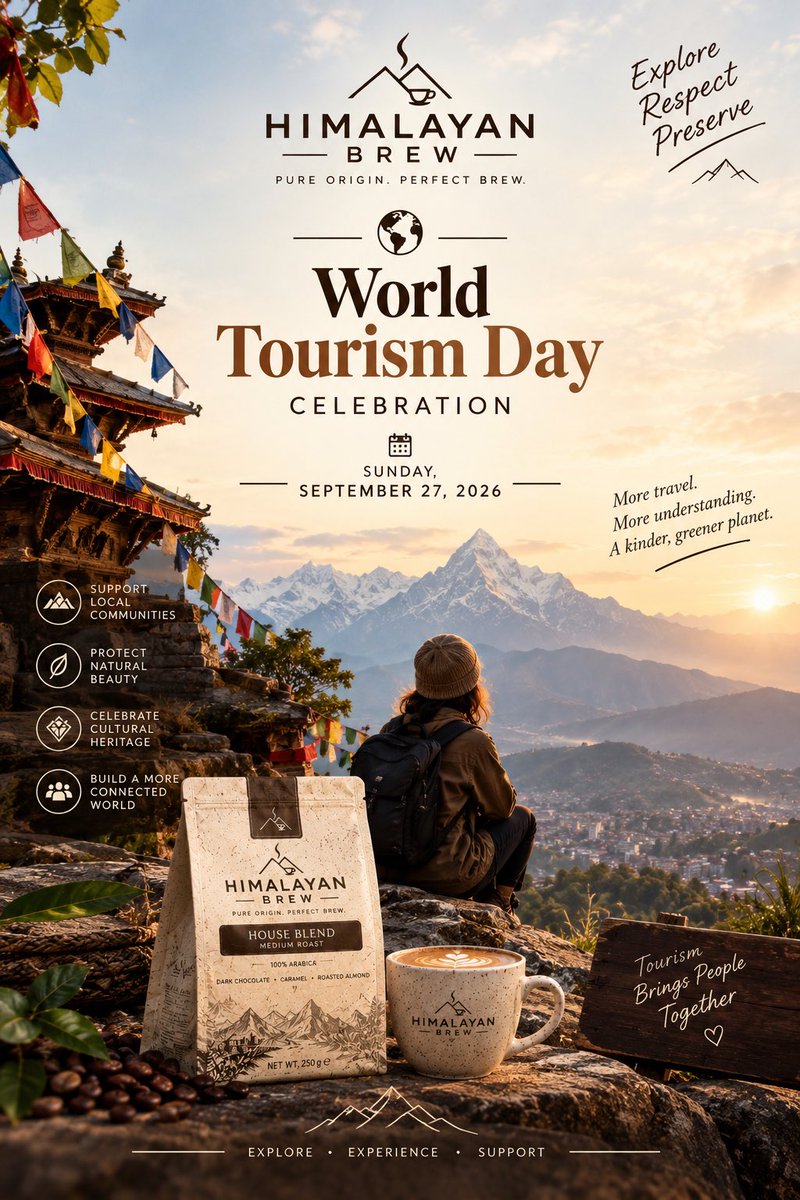 Brew_himalayan's tweet photo. Happy World Tourism Day 2026! 🇳🇵☕

From the mountains of Nepal to destinations around the world, travel connects us through culture, nature, people, and unforgettable experiences.

Explore with curiosity.
Respect every culture.
Preserve every destination. 🌿

☕ Himalayan Brew https://t.co/8zfqPXNXpC