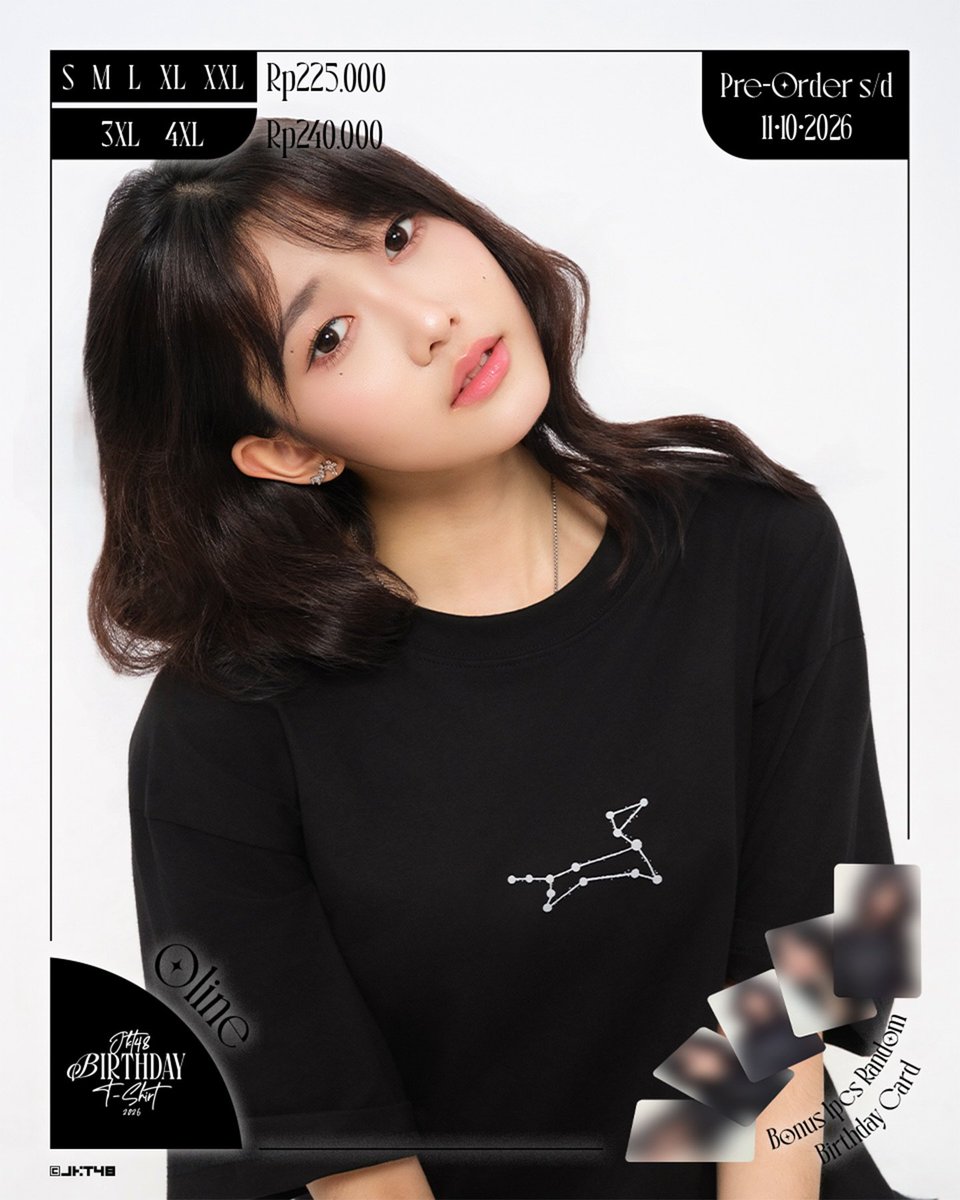 olinara_'s tweet photo. WAAHHH ^^ Birthday T-Shirt Cici Oline akhirnya keluar 👀

Ada rasi bintang kecil seperti bagian dari langit menghiasi menghiasi perjalanan menuju hari spesialnya @M_OlineJKT48 ✨️

Jangan lupa, teman-teman! 💫
Pre-order dibuka Senin, 28 September 2026 pukul 14.00 WIB

Siapin alarm dan jangan sampai kelewatan yaps 🫶