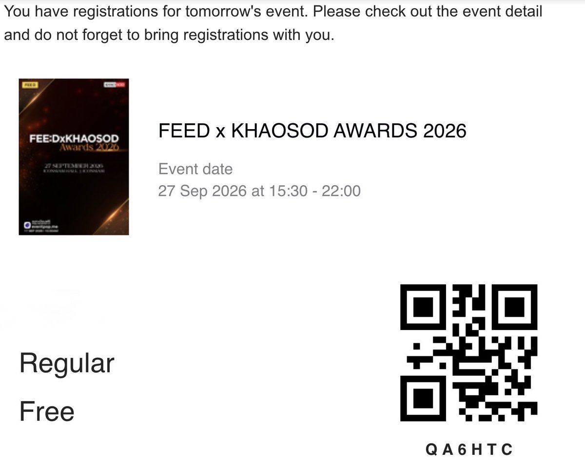 fandom0502's tweet photo. Couldn’t make it
If anyone want a ticket 

#bintsireethorn
#feedxkhaosodawards2026 https://t.co/HR41DottCU