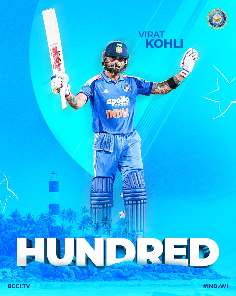 BCCI's tweet photo. Cometh the hour, cometh the King 👑

A spectacular century from Virat Kohli in absolute style 💯

ODI century no.5⃣5⃣ for the chase master 🫡

Updates ▶️ https://t.co/O2cs86p4gq

#TeamIndia | #INDvWI | @mflone_ | @imVkohli https://t.co/tJOeopio5o