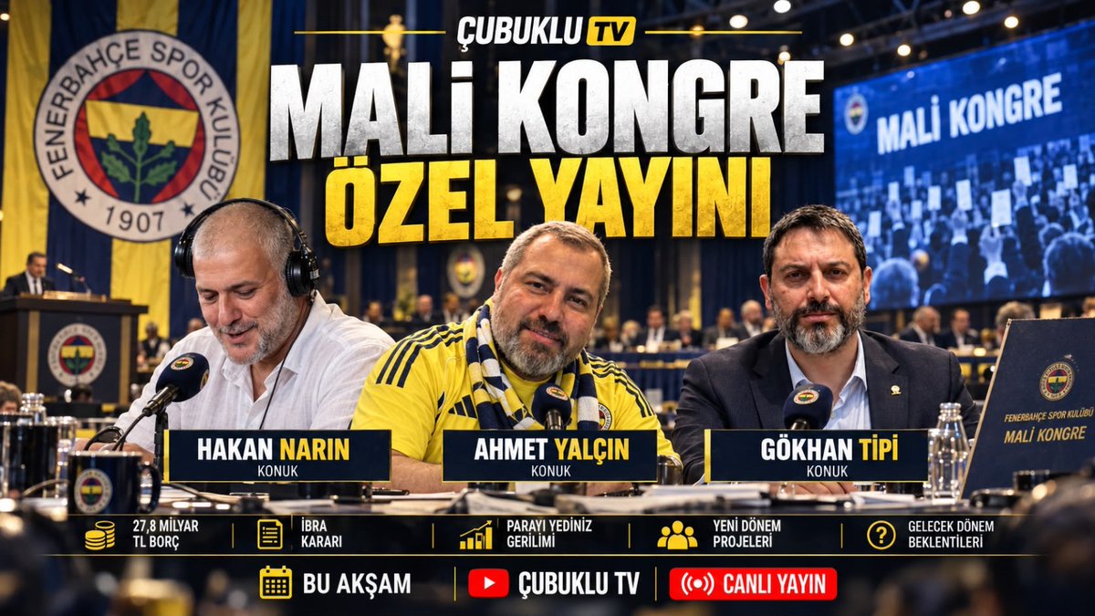 Cubuklu_TV's tweet photo. 🚨 BU AKŞAM SAAT 21.00’DE! 🟡🔵

📺 https://t.co/jZ5mE4hCh5

Çubuklu TV’de MALİ KONGRE ÖZEL YAYINI ile Fenerbahçe’nin mali tablosunu masaya yatırıyoruz.

📊 Alınan kararlar
💰 Kulübün mali durumu
📑 Geçmiş dönem harcamaları
🔎 Dikkat çeken rakamlar ve mali politikalar
🎙️ Konuklarımız:

• Hakan Narin — @hnarin78

• Ahmet Yalçın — @Ahmetyal

• Gökhan Tipi — @gokhantipi

⏰ 21.00

💛💙 Sorularınız ve görüşlerinizle yayına bekliyoruz!