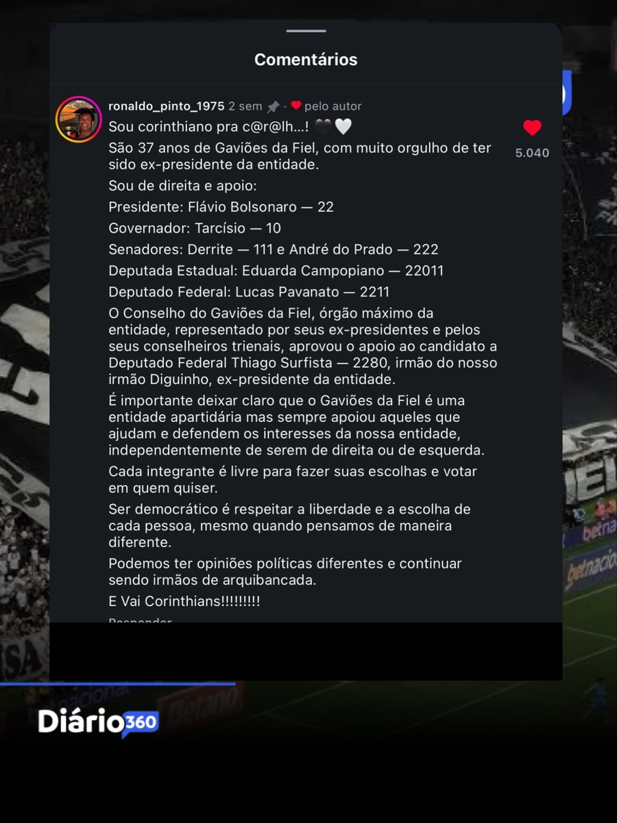 SilvaWaldi9750's tweet photo. 🚨URGENTE: Racha histórico! Cúpula da Gaviões da Fiel declara apoio a Flávio Bolsonaro, causa terremoto político em reduto petista de SP e inflige derrota devastadora ao governo Lula! https://t.co/jFF7ZyLAWe