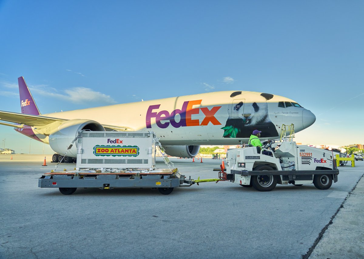 FedEx's tweet photo. 🐼✈️ Special delivery to Atlanta! FedEx Panda Express flew Ping Ping and Fu Shuang from Chengdu to their new home at @ZooAtlanta aboard a FedEx Boeing 777-F. With custom crates, fresh bamboo and expert care, their journey was one for the books. 🎋💜 Welcome to Atlanta! https://t.co/bUhCbIEMWX