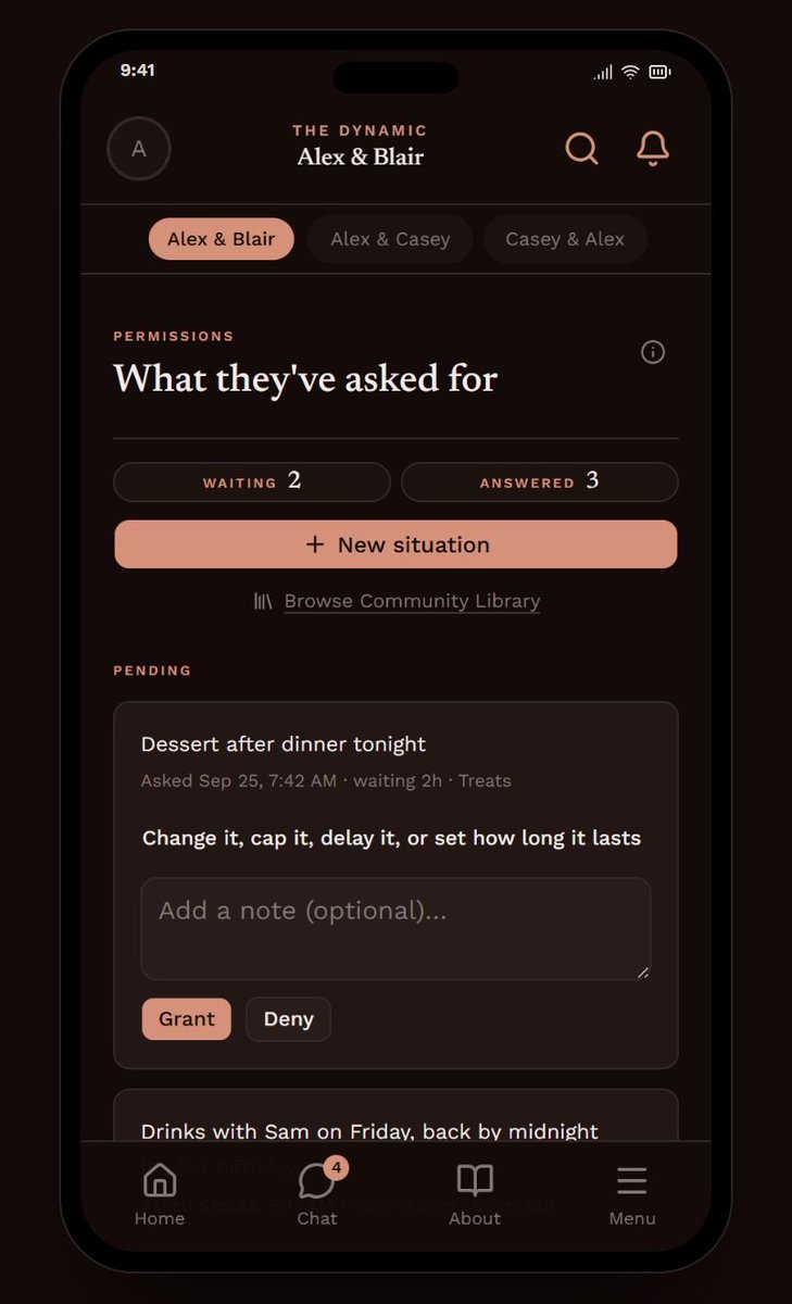 MyDynamicApp's tweet photo. Asking shouldn't be awkward. 🗝️

In The Dynamic, a sub sends an ask and their Dominant answers it properly: grant it, deny it, or change it. Cap it, delay it, or set how long it lasts.

You both see exactly what was agreed.

https://t.co/J33LnfVbrs
#BDSM #DsDynamic #Submission https://t.co/OzVa8vLshM