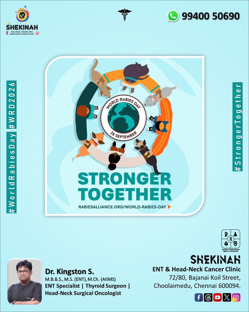Shekinah_ENT's tweet photo. World Rabies Day – September 28, 2026
#UnitedAgainstRabies
#StrongerTogether
#YouMeCommunity
#WorldRabiesDay
Dr. Kingston S.
ENT & Head-Neck Surgeon,
Gremaltes Hospital, Shenoy Nagar.
#GremaltesHospital
#GremaltesENT
#HeadAndNeckCancerAwareness
#CancerAwareness
#OncologyCare https://t.co/1ja9M2jrO1