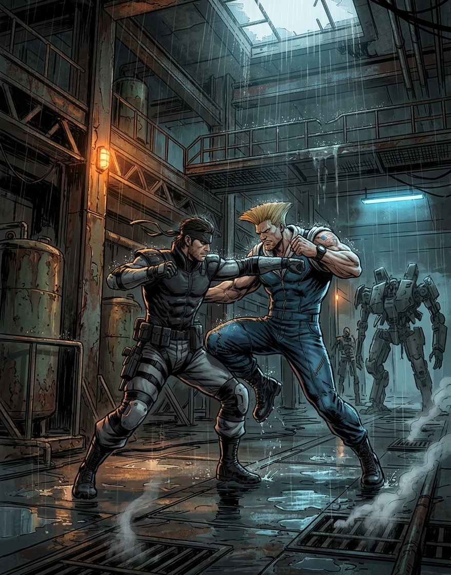 sebastiananticr's tweet photo. Solid Snake vs. Guile en una base abandonada #SolidSnake #Guile #MetalGearSolid #StreetFighter #Crossover #IA #Videojuegos https://t.co/DzSY4kgVbQ