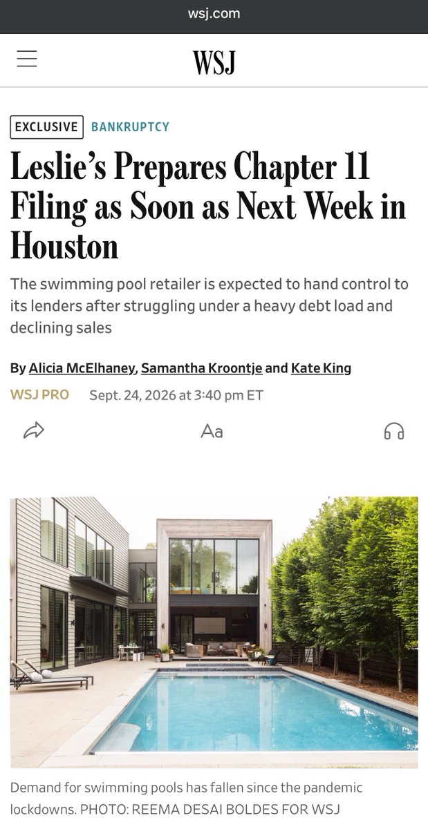 alt_w_v_g's tweet photo. A neighbor two streets over knocked on our back door at 10:14am
Same pool flyer as us
I priced it at $142,300 and bought a $34 slip and slide
He put down a non-refundable deposit
His pool is a hole
He wanted to be ready
He drove to the Leslie's by the highway for chlorine
Closed
Paper sign still on the door

He read the news in the parking lot
The Wall Street Journal says the whole chain is preparing to file for Chapter 11 as soon as this week

He sat down at our kitchen table
My son was eating waffles across from him
He said how does a 63-year-old pool store go broke the month I get a pool
I said here is what actually happened

I said your store was one of 80 they closed last winter, and the loan did not get any smaller
He said what loan
I said about $757 million, signed in 2016. Last year the interest was $62.9 million
He said okay
I said the company's own best number for what it earned was $61.4 million. Adjusted EBITDA
He said that's less

I said on Friday all of its stock put together was worth about $2.74 million. About 19 of your pools
He said the whole company
I said all the stock
He said and the loan
I said still there
He looked out the window at our slip and slide

I said a private equity firm and a sovereign wealth fund bought it in 2017. They took it public in 2020 at $17 a share and started selling
I said in 2021 the CEO announced a plan to return money to shareholders
He said that's nice
I said the first return went to two shareholders
He said which two
I said the same two firms. The company paid them $151.9 million of its own cash, 13 days after the board approved the plan. On Friday those shares would have been worth about $110,000
He said huh
I said all in, the two firms took out more than $2 billion selling their stock

My wife set a coffee in front of him

I said in August the board's pay committee approved $1.35 million in retention awards to keep three executives from leaving
I said the next day the company told investors there was substantial doubt it could keep going. Those awards are about half of what all the stock was worth Friday
He turned his phone face down
My wife said he came over for chlorine

My son put his fork down
He is 6
He said when they closed the 80 stores, where did those stores' part of the loan go
I said nowhere. It's the same loan with 943 stores left. About $800,000 each
He said how many summers do the other ones have

Nobody answered him
The neighbor finished his coffee
He asked what the slip and slide needs
I said a hose

$LESL 

Sent from my iPhone