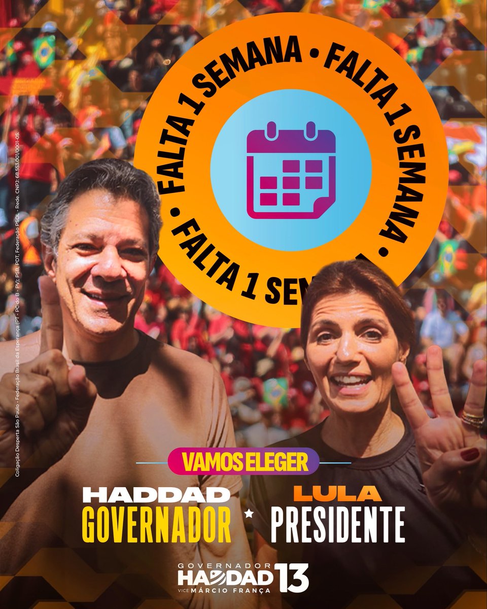 Haddad_Fernando's tweet photo. Falta uma semana para votar 13! 
Vamos juntos virar cada voto. 
Converse com seus amigos e familiares.
Para um estado de São Paulo melhor de verdade, é 13! Haddad governador e Lula presidente! https://t.co/wPOy5pwXms