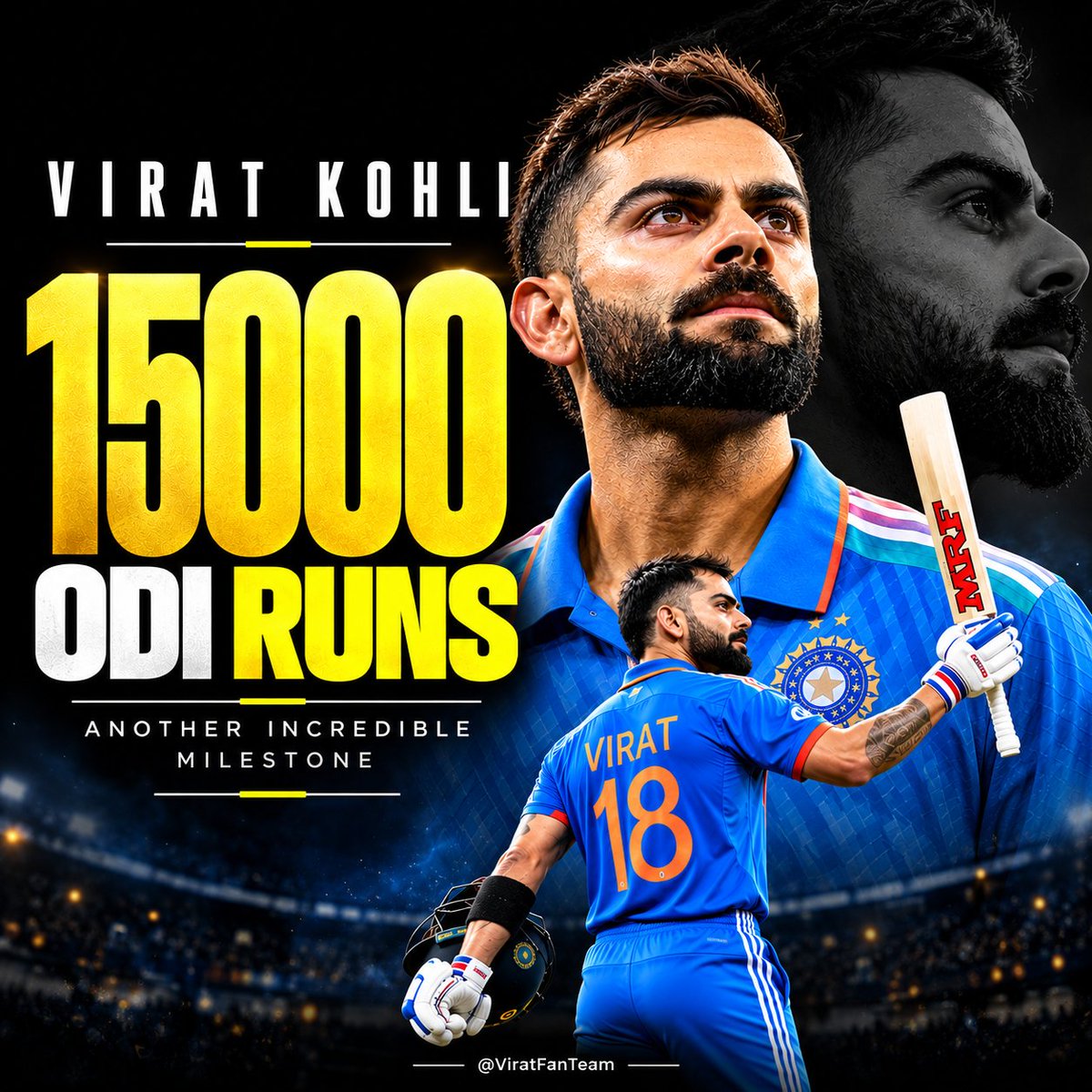 ViratFanTeam's tweet photo. 15,000 ODI runs. 🇮🇳👑

Another extraordinary milestone in the legendary career of Virat Kohli. From chasing impossible targets to delivering unforgettable innings, the King has left his mark on ODI cricket like few others ever have.

#ViratKohli #KingKohli #15000ODIRuns #Cricket #TeamIndia #IndianCricket