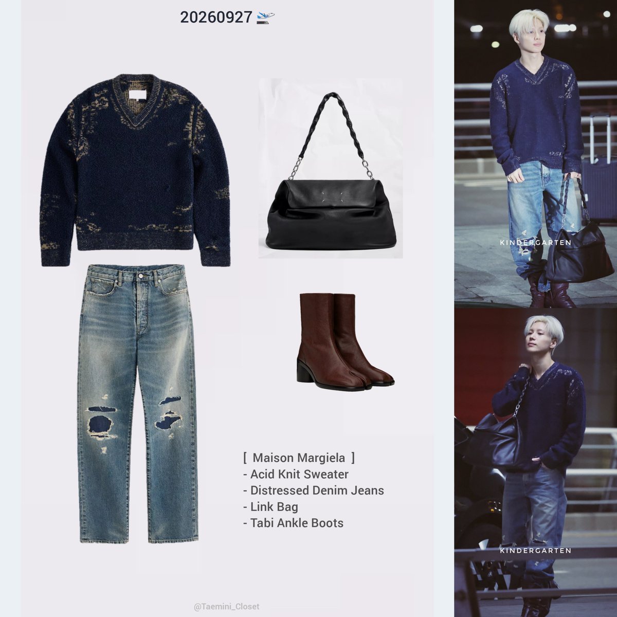 Taemini_Closet's tweet photo. 260927 오늘의 태민이 착장
_ Departing for France🛫

▶️ [ Maison Margiela ]
- Acid Knit Sweater 
- Distressed Denim Jeans 
- Link Bag 
- Tabi Ankle Boots

#태민 #TAEMIN #テミン #泰民 https://t.co/DztYpLEVcs