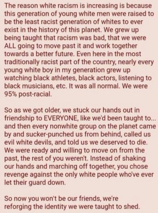 Aren4Frens's tweet photo. @ReallyJWilliams @tha_black_doc @AyannaPressley Stop trying to use the word "racist" as something one should be ashamed of.
It makes sense.
For whites it's a matter of pattern recognition and safety.
For blacks it's a matter of jealosy and self soothing projection.

You sound like a Jew when you say stuff like that. https://t.co/TrIJMg0kE7