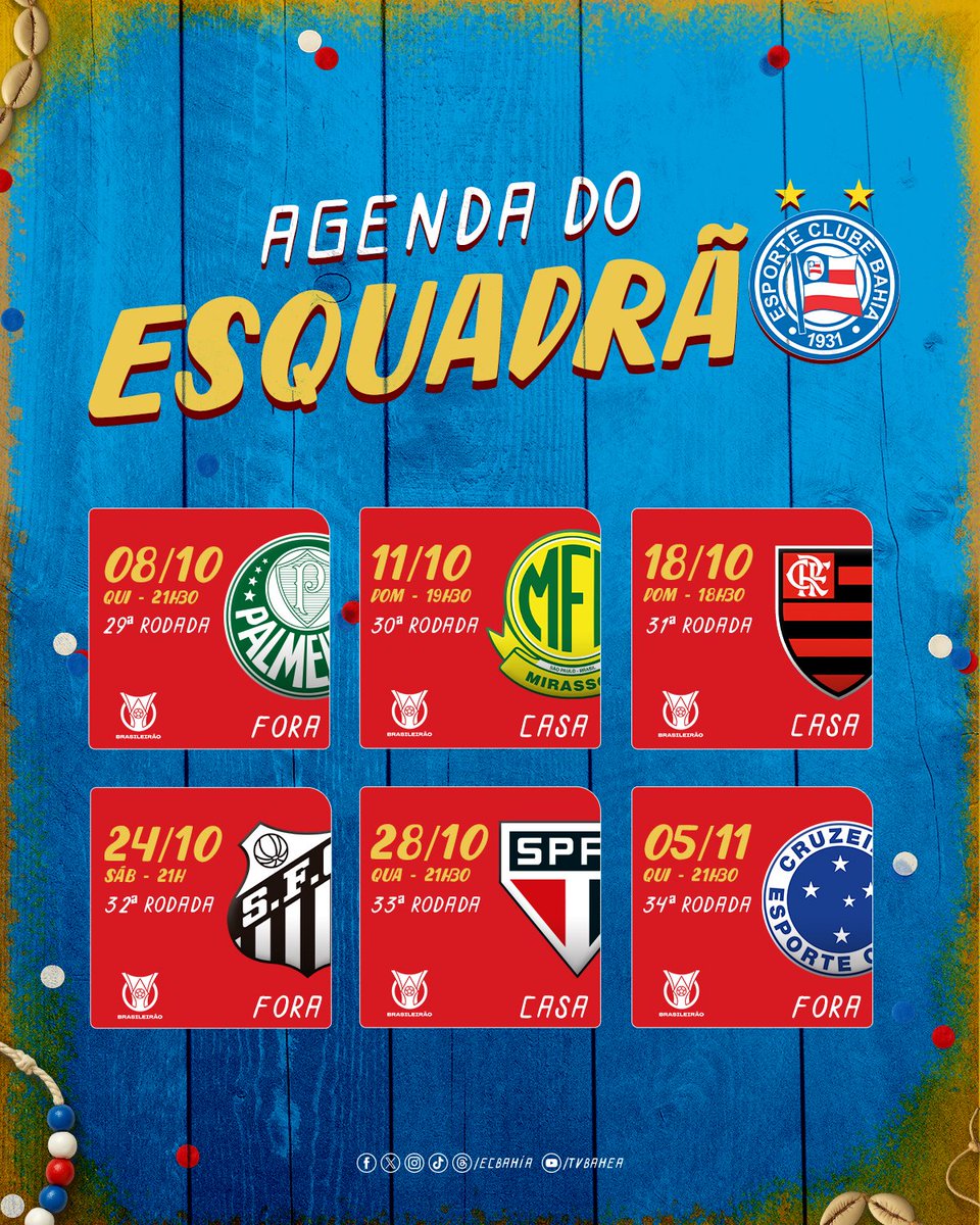 ecbahia's tweet photo. 🗓️ A CBF anunciou a tabela detalhada de mais quatro rodadas do Brasileirão, da 31ª à 34ª, e ficou assim a caminhada tricolor até o início de novembro. #BBMP https://t.co/v1WEKeWeb6