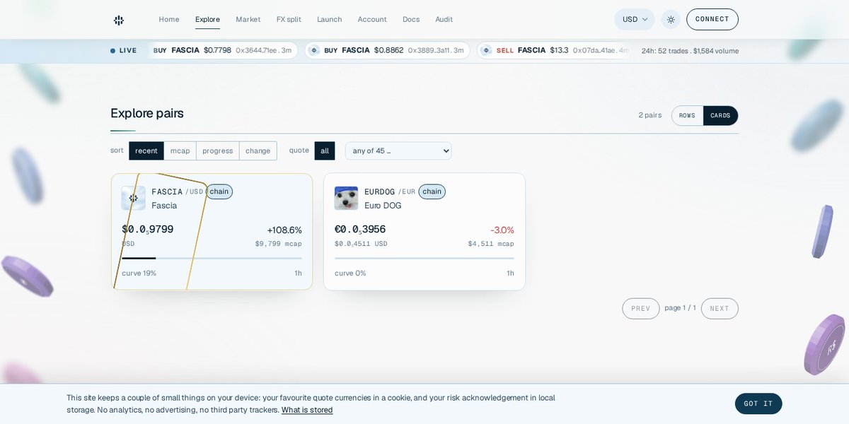 fasciapad's tweet photo. Fascia now has a live trade tape.

Every buy and sell on the pad scrolls across the top of every page, priced in each coin's own currency. Tap a trade to open the coin.

Pulled straight from Robinhood Chain every 10 seconds. No fake volume, no padding. If nobody's trading, it goes quiet.

https://t.co/hB5Vin8fuF