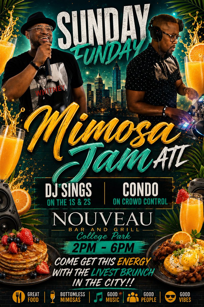 CONDOISHIM's tweet photo. Today. Sunday Funday @NouveaubarATL in College Park 2pm-6pm. It's what we call @MimosaJamATL see yall there! https://t.co/3k3hqGVyle