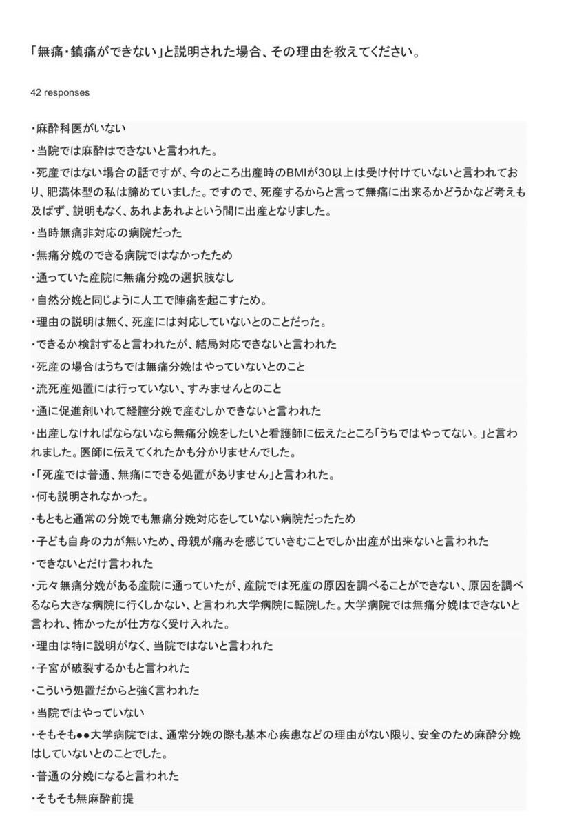 paillette2018's tweet photo. 死産を経験された方を対象に、死産時の痛みや疼痛緩和・麻酔についてアンケートを実施しました。その結果を公表します。

177名の方から回答をいただきました。ご協力いただいた皆様、本当にありがとうございました。

今回の調査を通して、死産時の疼痛緩和については、まだ十分に知られていないこと、また「痛みを和らげる選択肢があるのか」「希望した場合にどのような対応を受けられるのか」について、施設によって違いがある可能性が見えてきました。

この調査は、特定の医療機関を批判・糾弾することを目的としたものではありません。
死産という非常に大きな喪失を経験した方が、身体的な痛みに対してどのような選択肢を持てるのか、
それは医療機関個々の問題だけではなく、日本の医療提供体制や制度として考えていく必要があるのではないかと考えています。

回答の中には医療機関名も含まれていますが、今回は個別の医療機関名を公表いたしません。
個別医療名を出すリスクについてまだ十分に精査できていない為です。
詳細にご回答いただいた皆様には申し訳ございません。
今後、医療機関への調査を行い、より客観的に実態を把握していきたいと考えています。

この調査に関心がある方、医療・麻酔・産婦人科領域に詳しい方、調査の設計・集計・分析などに協力いただける方がいらっしゃいましたら、ぜひご連絡ください。
#死産
#麻酔
#アンケート調査