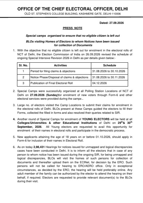 PTI_News's tweet photo. Special camps organised across polling stations of NCT of Delhi for voter enrolment; BLOs to visit homes of electors issued SIR notices to collect documents https://t.co/8y13Qddq9U