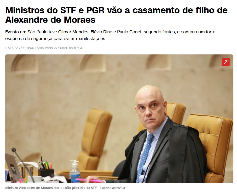 leandroruschel's tweet photo. O procurador-geral da República, o homem a quem cabe pedir a investigação de Moraes, foi ao casamento do filho de Moraes.

E Paulo Gonet não estava sozinho. Gilmar Mendes e Flávio Dino também estavam lá.

Vale lembrar o que cada um fez nas últimas semanas.

Gonet pediu a anulação do relatório da PF sobre a relação de Moraes com Vorcaro. Detalhe: o próprio Gonet aparece citado várias vezes no documento, inclusive no convescote de charuto e uísque em Londres.

Dino pediu vista no dia 15 e travou por até 90 dias a decisão do Supremo sobre investigar Moraes.

Na sexta, o Conselho Superior do MPF barrou por 5 a 4 a investigação contra Gonet, que segue no caso. O voto decisivo? Do irmão de Flávio Dino.

Quem deveria investigar, quem deveria ser investigado e quem decide se haverá investigação. Todos na mesma festa.

Que tipo de justiça é essa?