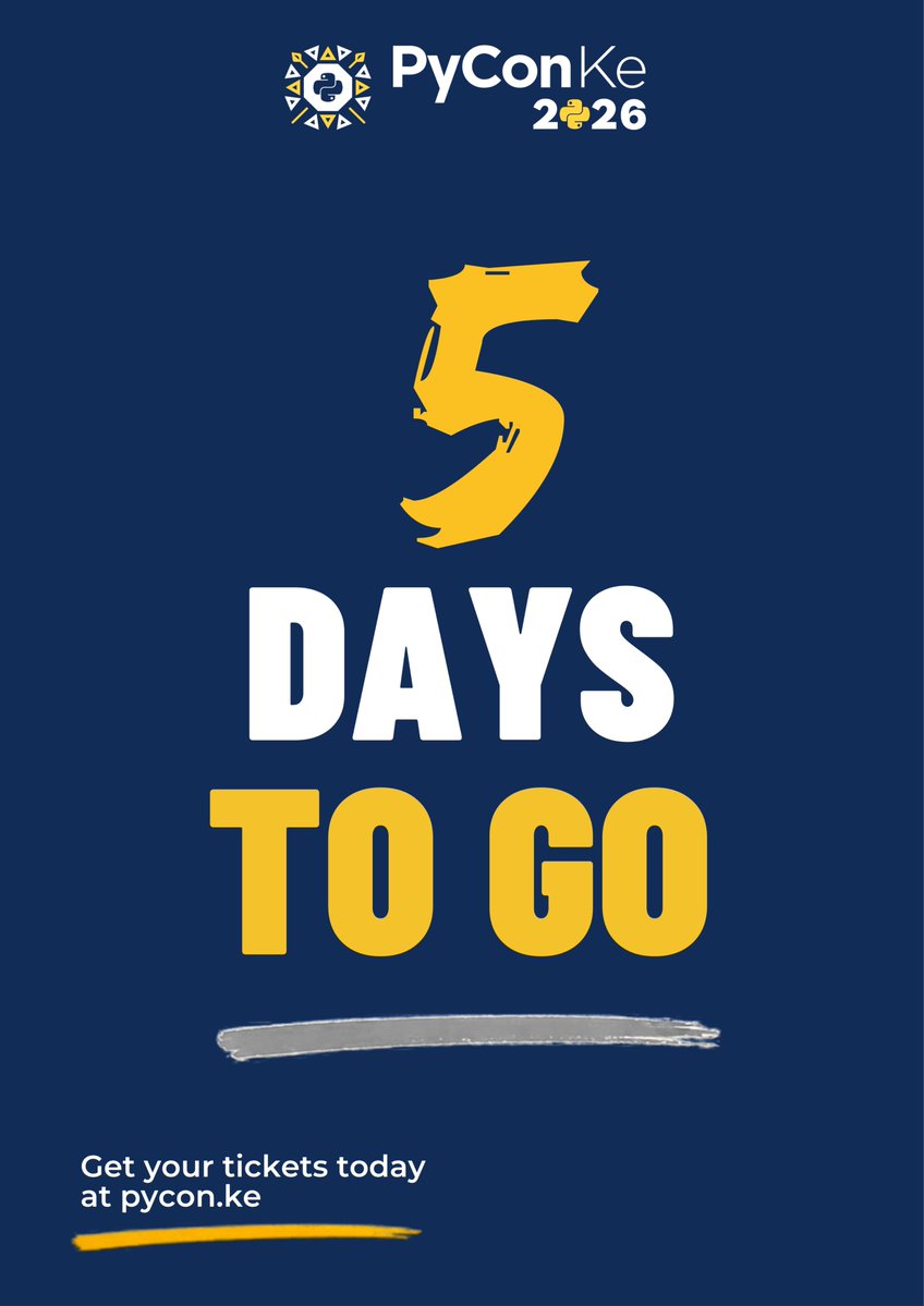PyconKenya's tweet photo. 5 days to PyCon Kenya 2026! π
Bring your curiosity. Leave with ideas to try. Nairobi, 2β3 October.
ποΈ Tickets: https://t.co/YvhMTH12Lr
π Student: https://t.co/0OoDBdTfIH
#PyConKE2026 #PyConKenya #Python https://t.co/HVlcuw6T40