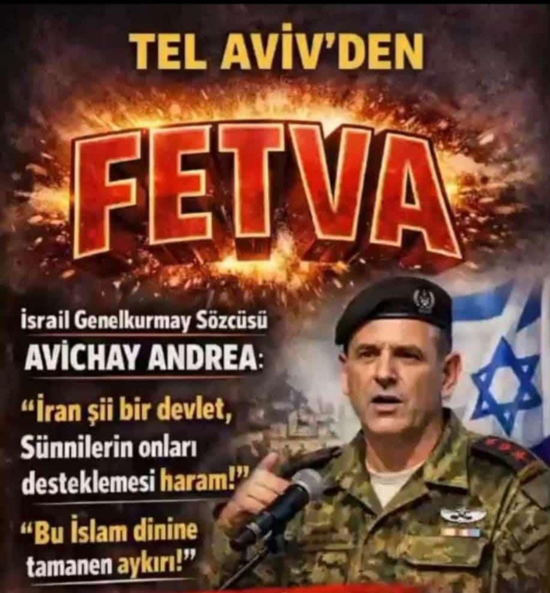 MuammerAydin_25's tweet photo. PİSrail terör örgütü Genelkurmay Sözcüsü Avichay Andrea, ortakları olan mezhepçi pisliklere fetva yayınladı;

"İran Şii bir devlet. Sünnilerin onları desteklemesi haram. Bu, İslam dinine aykırı!" https://t.co/4x53Z1Su6e