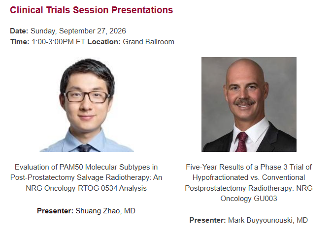 NRGonc's tweet photo. The Clinical Trials Session at #ASTRO26 is today! Hear more about NRG-GU003 and an analysis of the NRG-RTOG 0534 SPPORT study. We will be discussing the SPPORT analysis on the NRG Oncology Podcast after the session! https://t.co/8pQCxda9B0 https://t.co/XckCT0K86g