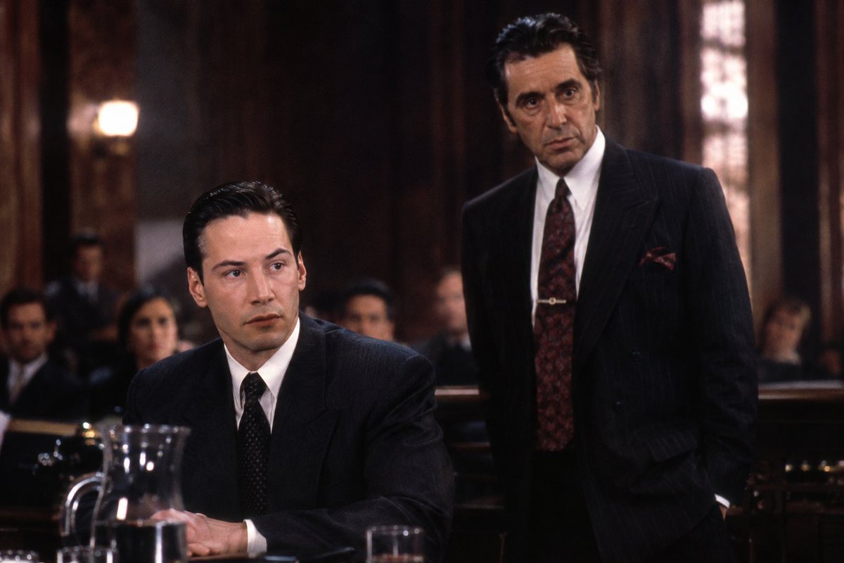 Uzonna7's tweet photo. 🎬📺The Devil’s Advocate (1997) 4.5/5⭐ 

The Devil’s Advocate (1997) is the only courtroom movie where the real trial is whether you’ll sell your soul for a corner office and Al Pacino’s monologue still hits harder than any closing argument ever written. Keanu’s “vanity is my favorite sin” face is pure cinema.

Al Pacino didn’t play the Devil in The Devil’s Advocate. He became him. That final monologue is still the greatest “I am the boss” speech in movie history. Everything after 1997 is just fan fiction.

Keanu Reeves spends two hours looking like he’s trying to remember if he left the oven on while Al Pacino basically cosplays Satan with a tan and a custom suit. The Devil didn’t need a pitch, he just needed a mirror and a New York skyline.

Charlize Theron IMO outacted both Al Pacino and Keanu Reeves in The Devil’s Advocate (1997). Her slow descent into isolation and horror carried the emotional weight of the entire movie. A legendary performance that doesn't get talked about enough.

The real villain isn’t John Milton. It’s the way the movie makes ambition look so damn sexy that half the audience walks out wanting the job offer. The Devil didn’t tempt us, we showed up already packing our bags.

⭐Synopsis:  Imagine being a young lawyer, winning every case on vanity alone, moving to NYC, getting a dream penthouse, and then finding out your firm’s senior partner is your biological dad... who also happens to be Lucifer. 

The Devil’s Advocate (1997) was completely wild.