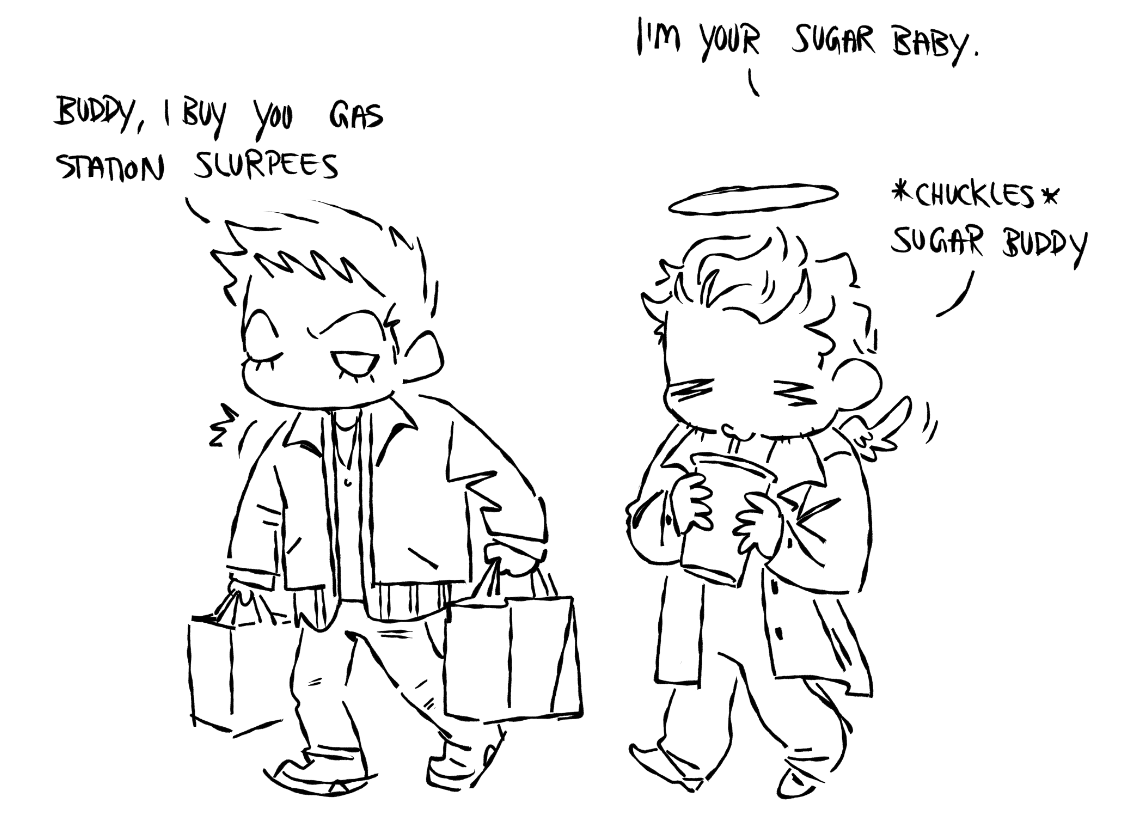 beybuniki's tweet photo. *dean using fake credit cards to buy his 50yo angel buddy gas station slurpees*: here you go baby https://t.co/bKSQbM36Mj