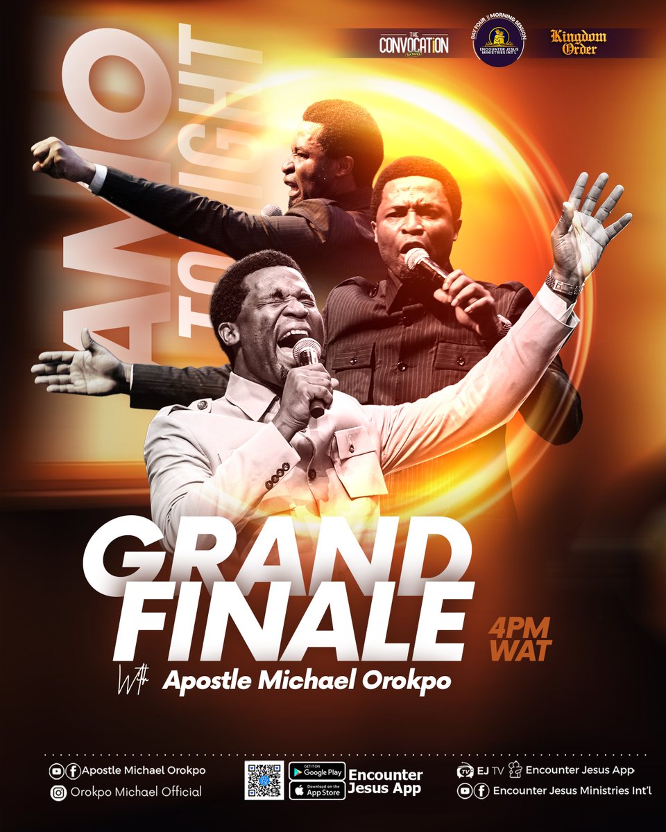 Apostleorokpo's tweet photo. TONIGHT IS THE GRAND FINALE!

Our hearts are ready, our spirit is charged, and we are looking forward to all that God has prepared for this final evening of The Convocation 2026.

Four days of worship, the Word, prayer and fellowship have brought us this far, and tonight, we gather once again for the Grand Finale.

KINGDOM ORDER.

Come ready. Come expectant. Let’s finish strong!

#EncounterJesus #EJMI #Convocation2026 #KingdomOrder