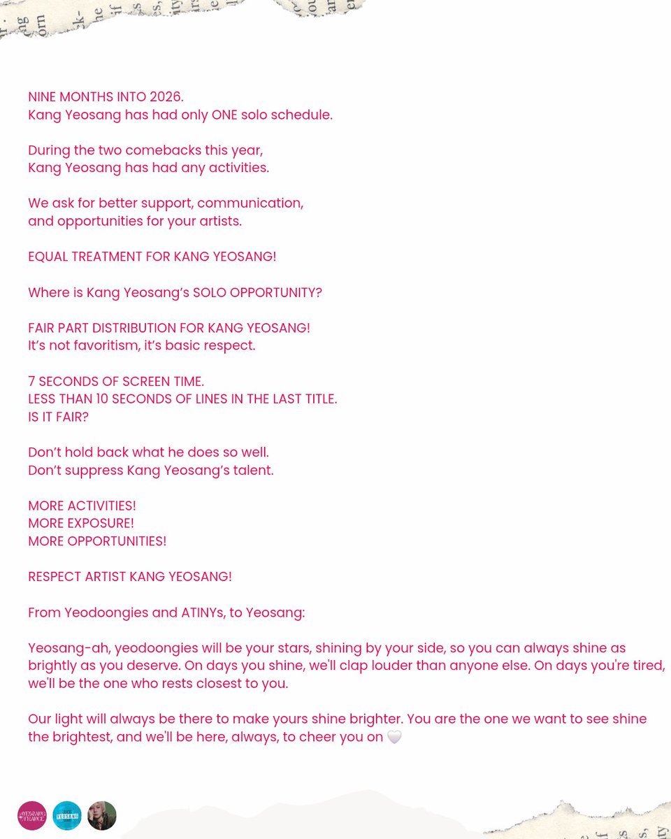 YeosangGlobal's tweet photo. 🌼 YEOSANG TRUCK PROJECT 2026

ATINY/ YEODOONGIE, 

We would like to inform you that the first truck addressing our concerns about Yeosang’s mismanagement will be sent tomorrow in front of the KQ building. 

Please find attached the translation of the messages that will be displayed on the trucks. 

Thank you for your trust. 

YEOSANG FANBASES

Yeosang Deserves More
#여상에게_더_많은_활동_노출_기회
#YeosangDeservesBetter