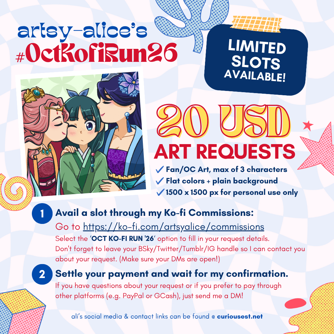 _artsy_alice's tweet photo. ☕ All remaining slots are now open for #OctKofiRun26!

11 left as of posting, and will remain up for grabs through the month until they're taken.

Grab a slot here: 👉 https://t.co/H7ulUxRPeD

[💖 RT/Reblogs are appreciated!] https://t.co/GvZtSfERGk