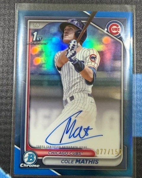 gradencardsllc's tweet photo. Cole Mathis 2024 Bowman Chrome Draft 1st Auto — Blue Refractor /150 (Cubs) 🔥

$199 · First-year Chrome auto, numbered out of 150.

👉 https://t.co/qvoPnBVDJO

#BowmanChrome #SportsCards #TradingCards https://t.co/z5Bs7C1dZB