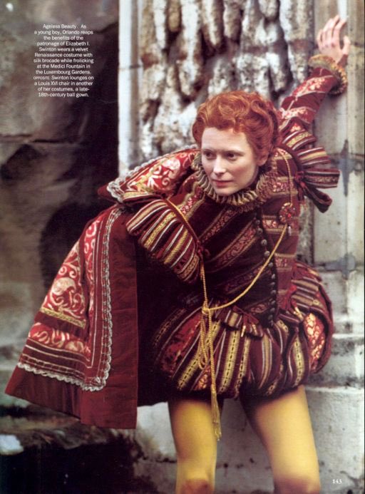 schafercentral's tweet photo. Hunter Schafer walking the Vogue World runway in an Elizabethan costume designed by Sandy Powell for Tilda Swinton in ‘Orlando’ (1992) last year was truly one for the history books. 🏵️ https://t.co/XHC5vFiYOV