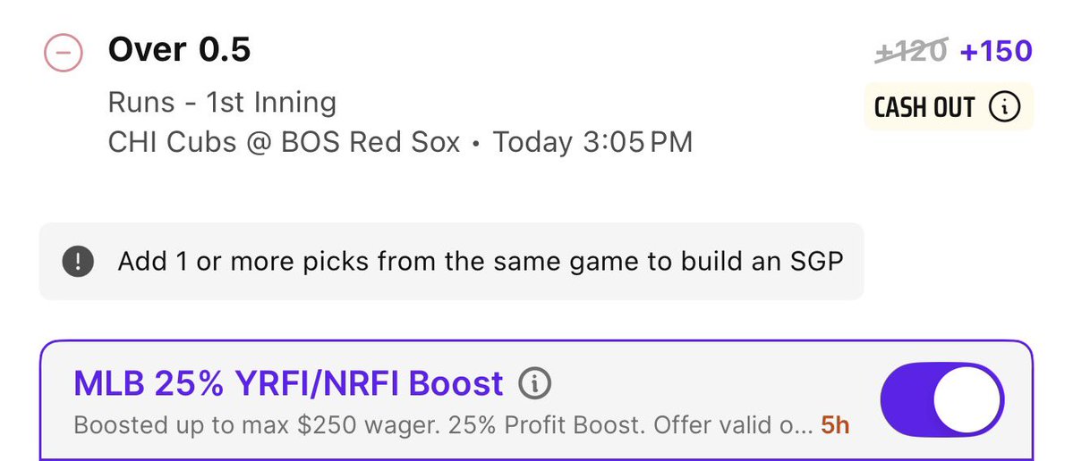 BoostKingX's tweet photo. MLB 25% YRFU/NRFI Boost 

1 U
Fair value +123

Chicago Cubs vs Boston Red Sox 
Over 0.5 Runs First Inning https://t.co/uvPPyjDH3T