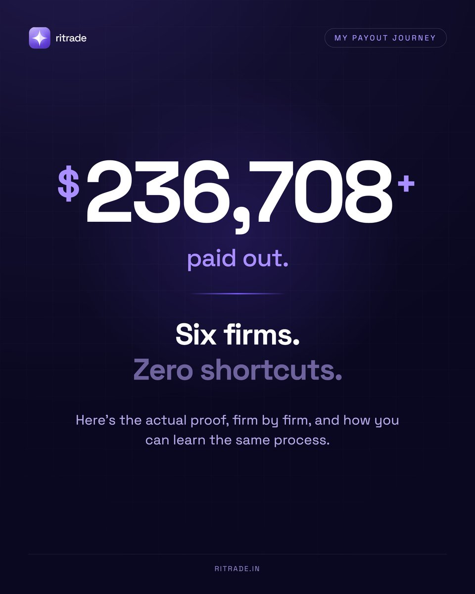 ritrade_'s tweet photo. Lifetime payout of $236,708. Here's exactly how I did it.

Six prop firms. Three years. Zero shortcuts.

It wasn't one lucky account. It was structure, scaling, and knowing which firm to use at which stage of the journey. You can do it too, with the right guidance.

Want to learn how to scale in prop firms? 

Follow Me 🧑‍💻 + Comment "SCALE" ✍️ + Repost ♻️ 

I'll send you the roadmap plus a proprietary tool we built at Ritrade to personalise your own journey.

Here's the proof, firm by firm. 🧵