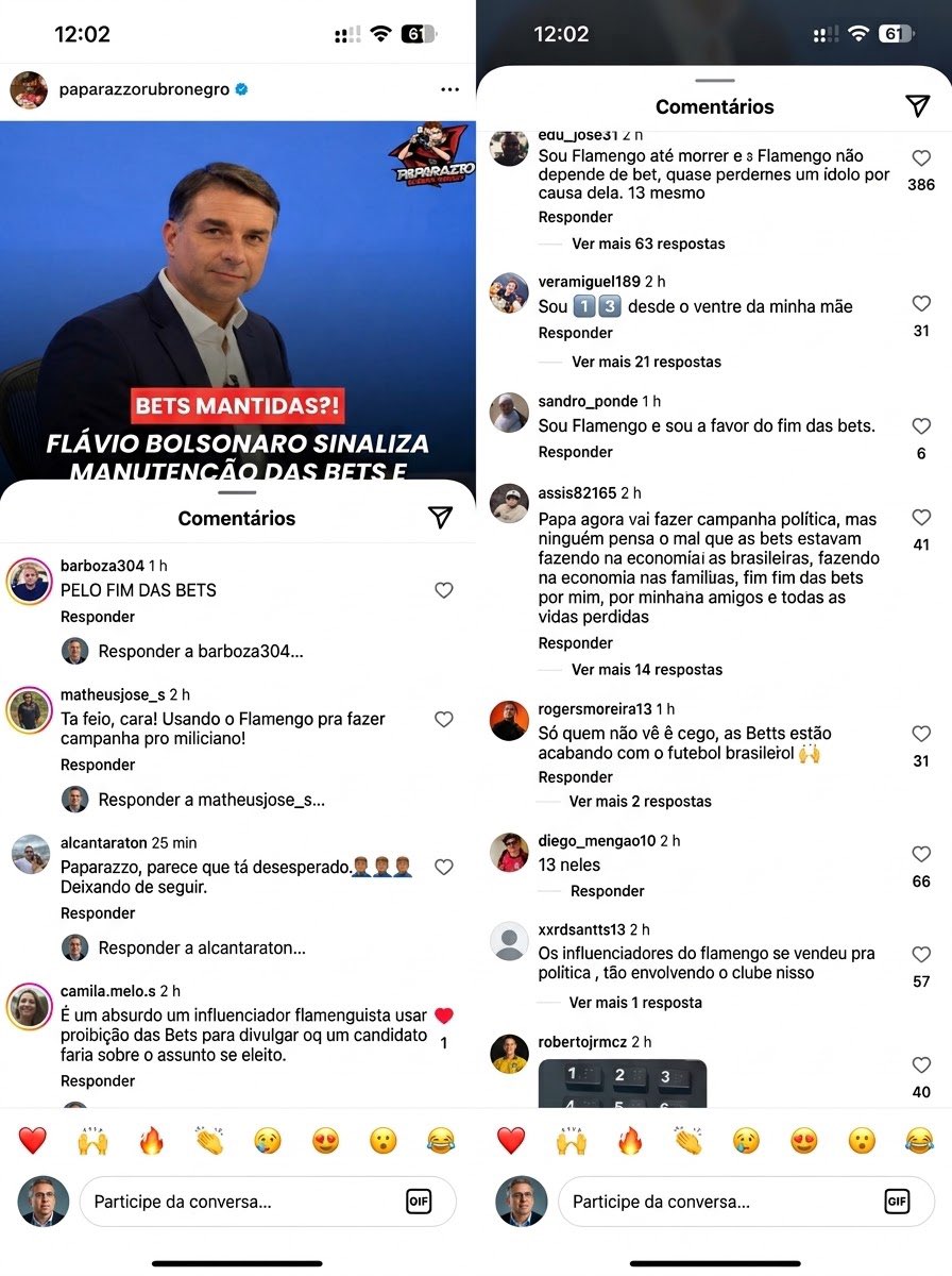 AndradeRNegro2's tweet photo. O Paparazzo Rubro-Negro está tentando a qualquer custo usar a paixão do torcedor para atrair votos para o Flávio Vorcaro Bolsonaro. 

Só que, nos comentários, a torcida está deixando claro, de forma maciça, que apoia o fim das bets! https://t.co/asfR36CBOl