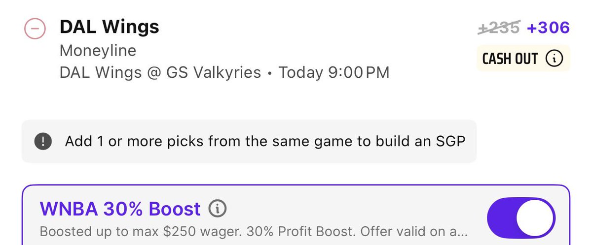 BoostKingX's tweet photo. WNBA 30% Boost 

1 U
Fair value +250

Dallas Wings ML vs Golden State Valkyries https://t.co/XzHSgKoBg1