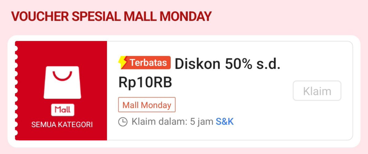 today_clouds's tweet photo. voucher mall monday sale skrg harus diklaim dadakan❗

KLAIM NANTI JAM 00.00 DI SINI
https://t.co/noG4nmmDSz https://t.co/o4KVvNmhL5