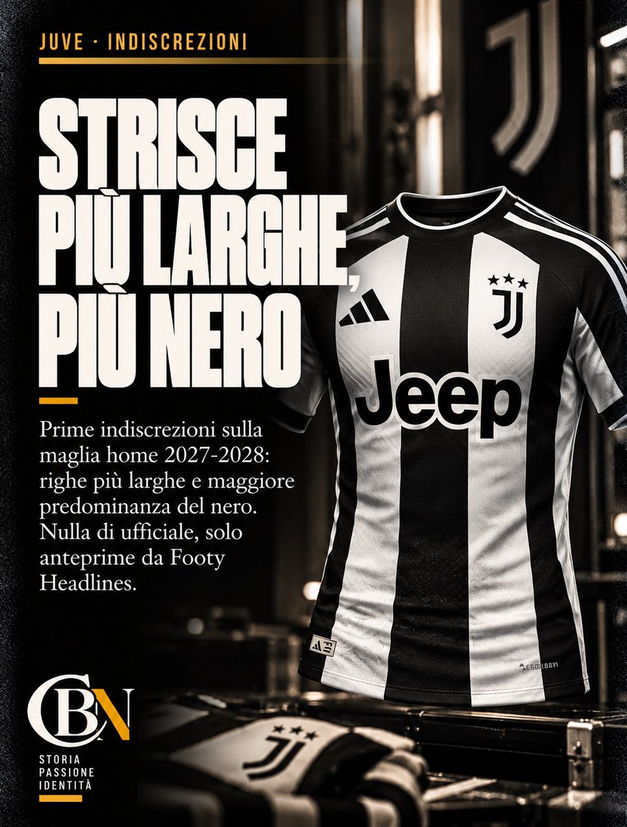 CodBianconero's tweet photo. La prossima maglia bianconera potrebbe cambiare pelle, o meglio, righe.

Secondo le prime indiscrezioni rilanciate da Footy Headlines, la home della Juventus 2027-2028 avrà strisce più larghe e una maggiore predominanza del nero rispetto alle ultime versioni. Nulla di ufficiale, per ora si parla soltanto di prime anteprime.

Quanto conta, per un club, il modo in cui disegna le proprie strisce? Il bianconero non è mai stato solo una divisa, ma un'identità da custodire riga dopo riga.

Fonte: Footy Headlines (via @mirkonicolino )

👑

#Juventus #Maglia #Kit #SerieA