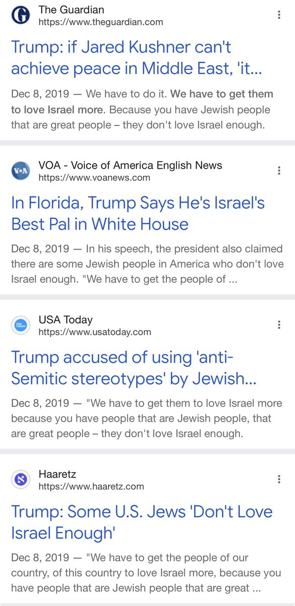 BigBlueWaveUSA's tweet photo. Donald Trump: “We have to get the people of our country, of this country, to love Israel more, I have to tell you that. We have to get them to love Israel more. Because you have Jewish people that are great people  they don’t love Israel enough.
sources: AP News &amp; multiple media. https://t.co/3XhMJ3tByN
