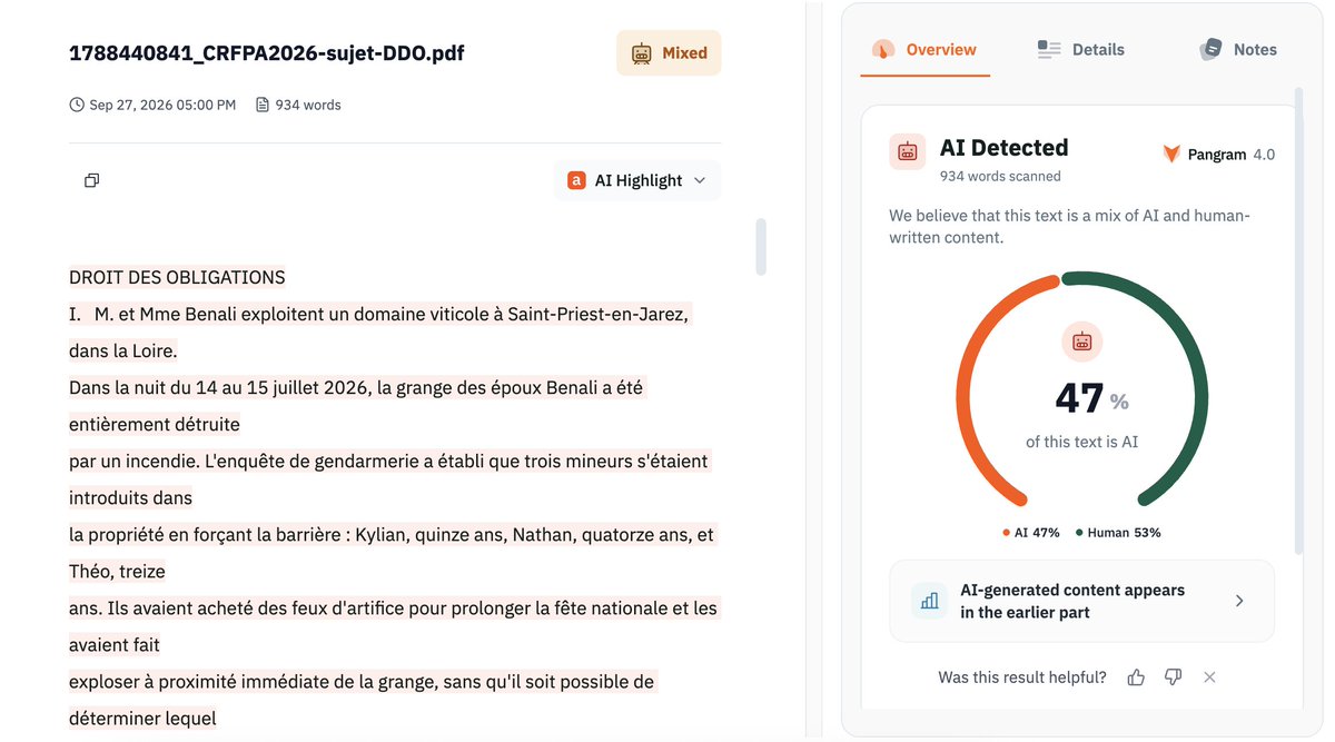 french_report78's tweet photo. 🔴⚖️🥑 INSOLITE | Près de la moitié du sujet de droit des obligations du CRFPA 2026 (l’examen d’entrée à la profession d’avocat) aurait été rédigée par une IA selon l’outil de détection Pangram.

À titre de comparaison, le sujet de la session 2021 ressort à… 0 %.

Un avis, @CNBarreaux ?