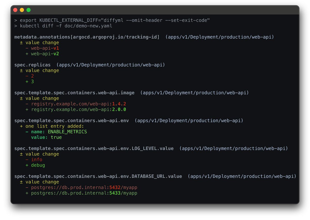 K8sArchitect's tweet photo. diffyml compares YAML files by structure instead of line by line, and knows enough about Kubernetes resources to match them up even when the order changes

➤ https://t.co/3uHJbjSIAS https://t.co/LUszkn5RWF