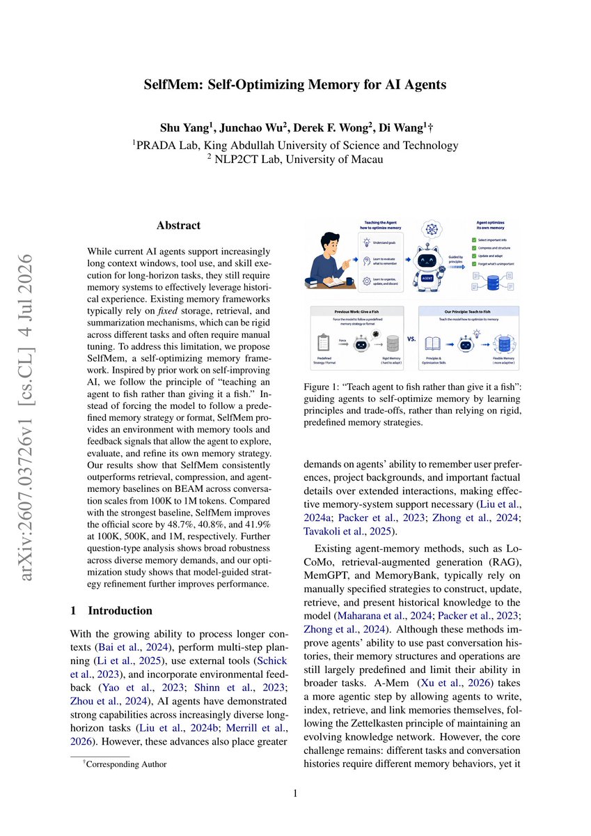 yorunexis's tweet photo. holy sh*t, this paper is pure f*cking brilliant

AI researchers just showed a useful way to give AI agents long-term memory

the interesting part is the control loop. instead of forcing every conversation into one fixed summary, the agent can inspect, write, review and revise its own memory

step 1 → keep the raw conversation as a read-only source of truth. memory is a guide, not the final authority on what happened

step 2 → give the agent tools to search the transcript and inspect the memory it already has

step 3 → let it choose what to store. stable preferences and project context may belong in memory; exact dates and changing facts can stay in the transcript until needed

step 4 → make each memory change explicit: what changed, where it went, and why

step 5 → run a review pass for weak source support, stale details, contradictions and facts that will be hard to find later

step 6 → revise the workspace after that feedback. memory writing becomes an inspect → write → review → revise loop

step 7 → when the user asks a question, pair the compact memory with the specific transcript turns that support the answer

the paper reports a 0.504 score at 100K tokens versus 0.339 for its strongest baseline. at 1M tokens, it reports 0.454 versus 0.320. those are benchmark results, not a production guarantee

my takeaway: the valuable design choice is keeping memory small and editable while keeping the original evidence close enough to check

save this, then read the article + paper below