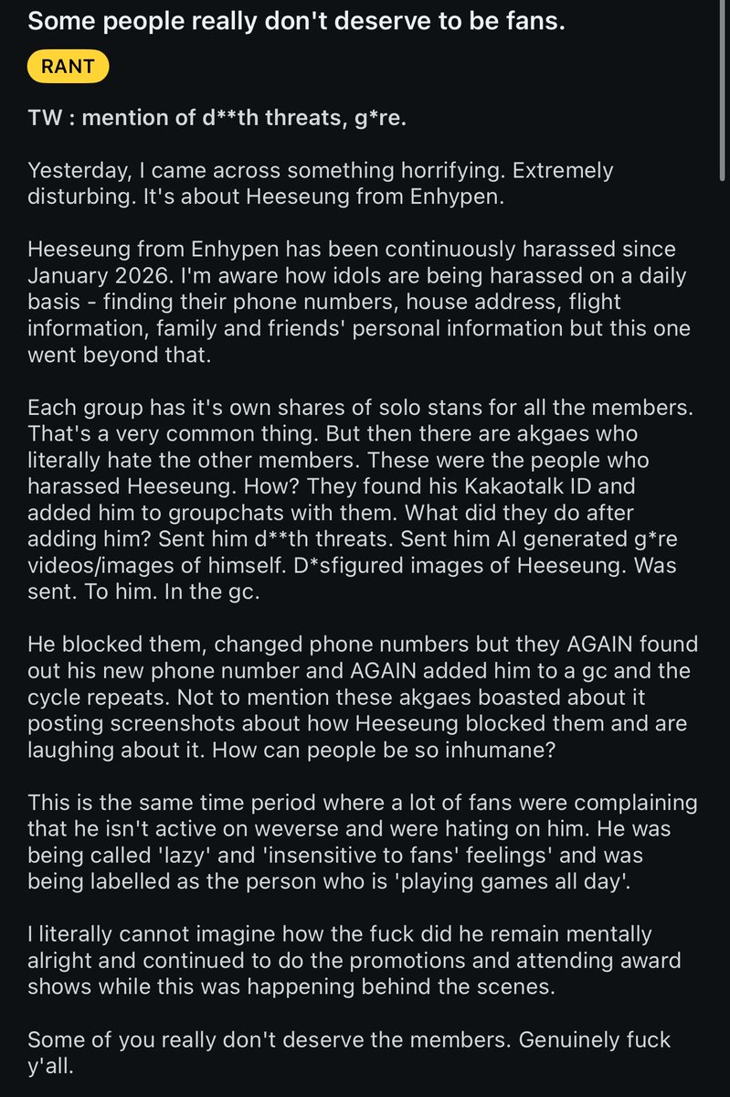 heesclvr's tweet photo. this whole thing reminded me that some of u genuinely believe heeseung had it easy, acting like he didn’t go through the most traumatic and dehumanising experience and that’s not mentioning the hatetrain that lasted MONTHS with 50K likes on each tweet treating him like a criminal https://t.co/x47xW8Gkp4